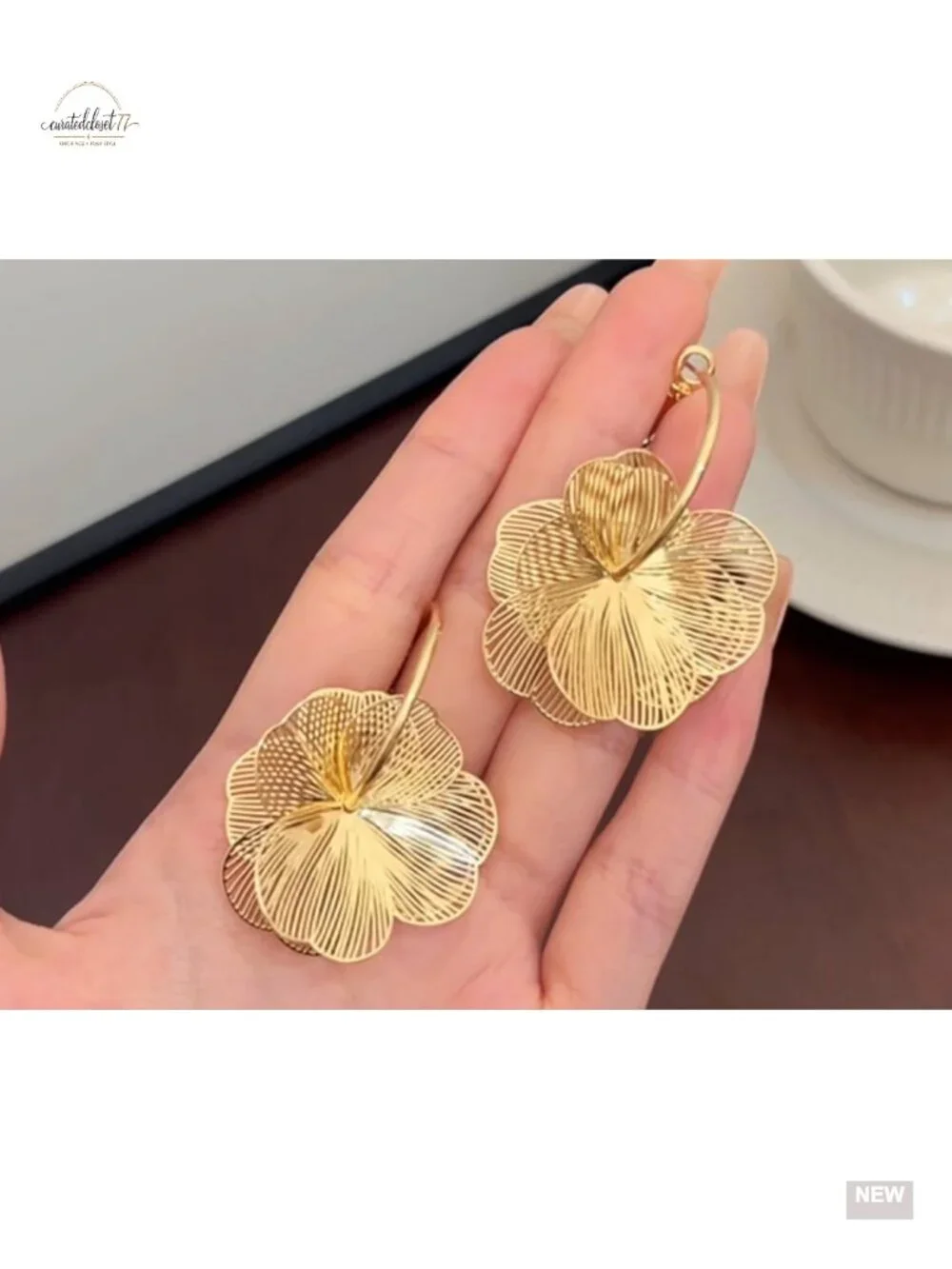 Dangle Flower Earrings - 925 Sterling Silver Post 18K Gold Plated Statement